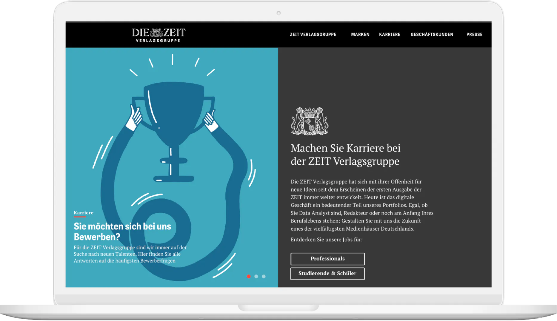 Darstellung der ZEIT Verlagsgruppe Website auf einem Laptop